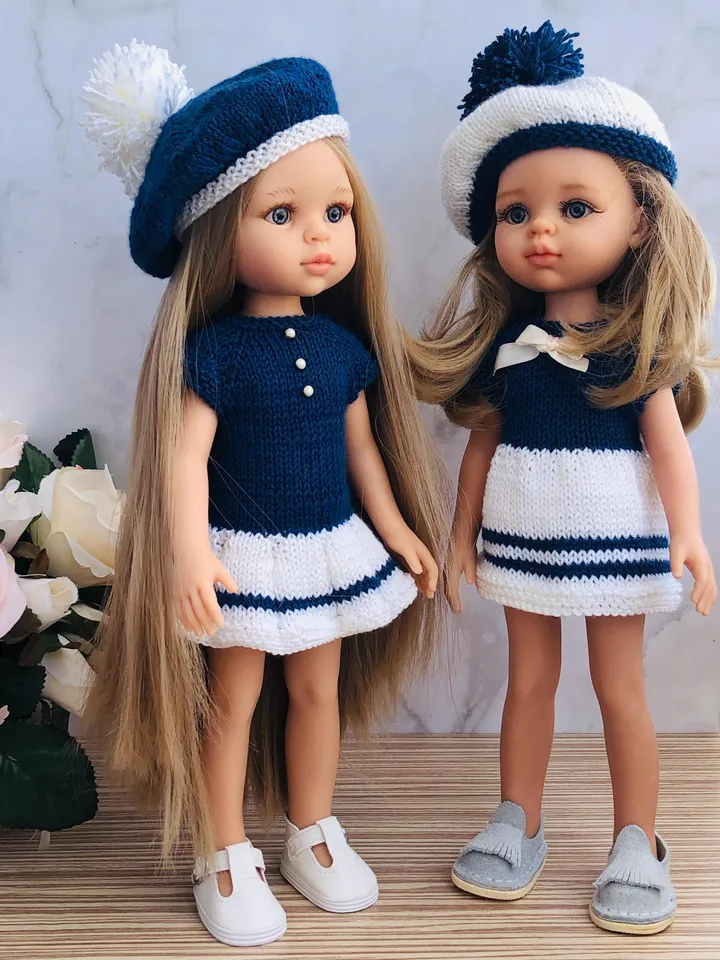 PDF Knitting Marine SET Dress Beret Collar Bag Pattern & Tutorial – Cozy Outfit for 13-Inch Dolls Paola Reina eng