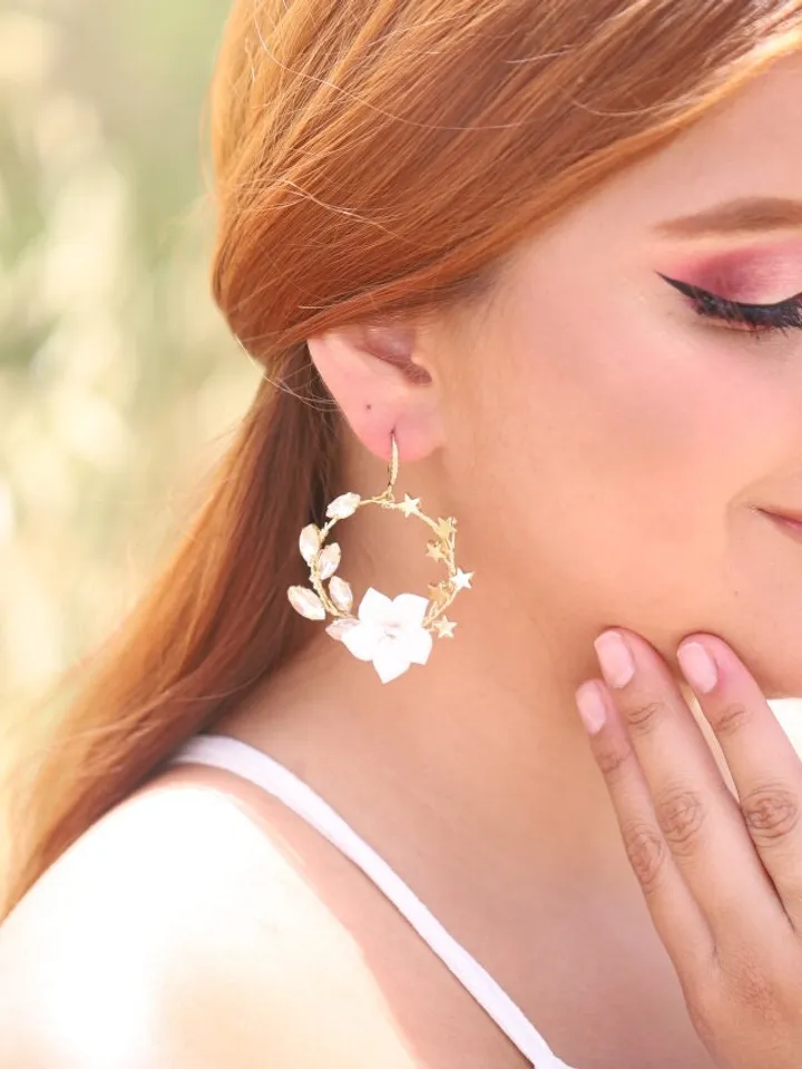 Hoop Star Celestial Gold Wedding Earrings, Porcelain Flowers Bridal Earrings, Swarovski Crystal Statement Wedding Jewelry, Boho Jewellery