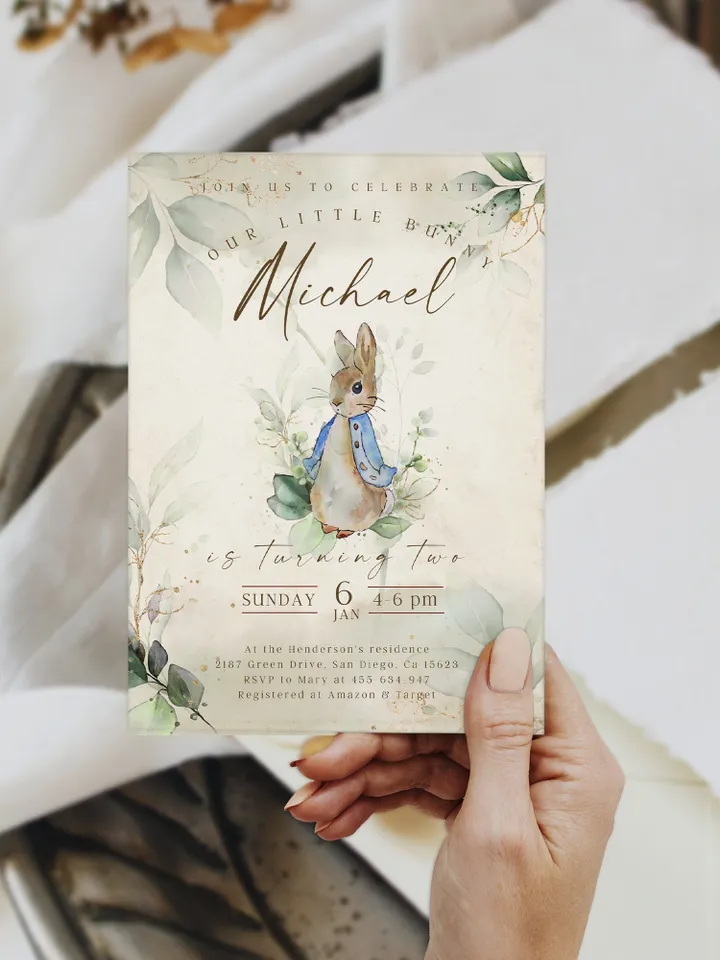 Peter Rabbit First Birthday Invite; Bunny Baby Birthday Invitation template; Our little bunny turning one; neutral bunny birthday invitation