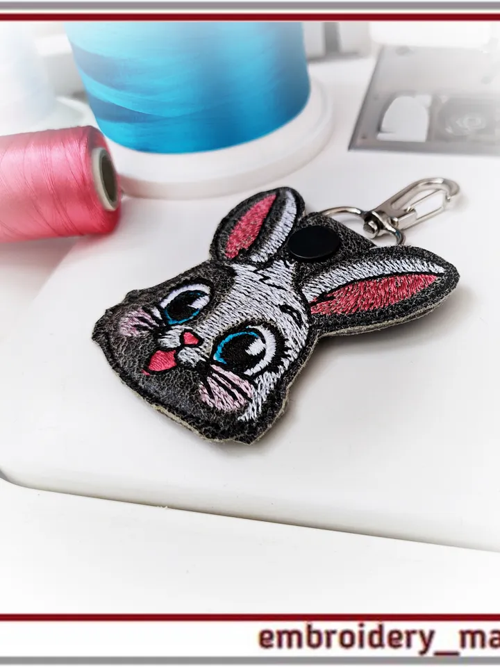 In the hoop Keychain Jolly Bunny embroidery design ITH key fob