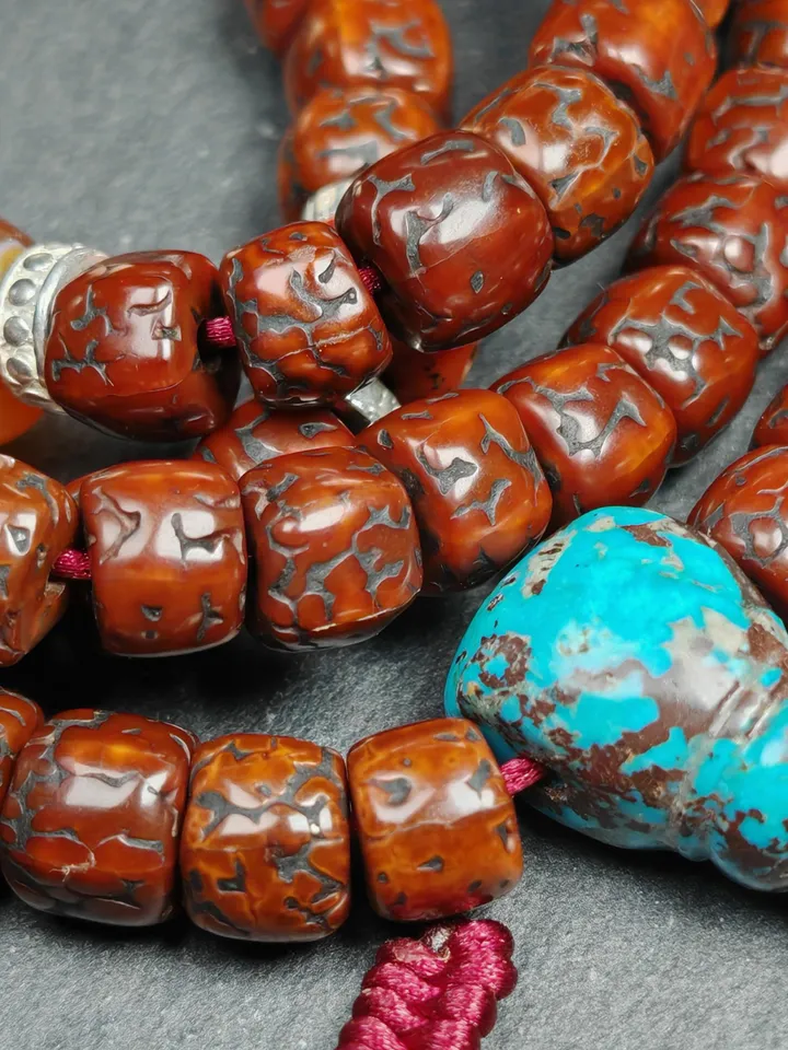 Gandhanra Authentic Tibetan Rosary,Old 8mm 108 Rudraksha Mala Necklace Prayer Beads with Unique Mix of Treasures,Spiritual Gift