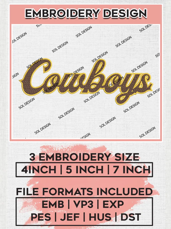 NCAA Cowboys Team Writing Logo Embroidery Design Files, NCAA Wyoming Cowboys Machine Embroidery, NCAA Teams, 3 sizes, NCAA Machine embroidery designs, Digital Download