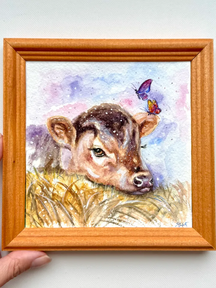 Cow Painting Original Watercolor Painting Farm Art Gift Small Animal Artwork Illustration 5 by 5