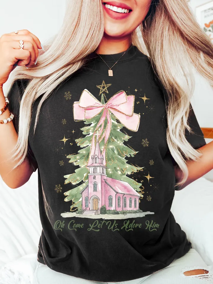 Oh Come Let Us Adore Him Png, Watercolor Christmas Tree Girly, Jesus Christmas Coquette Bow Tree Png, Christmas Lights Hand Drawn