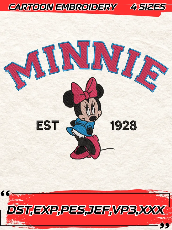 Minnie Mouse Est 1928 Embroidery Design, Disney Cartoon Embroidery Design ,Machine Embroidery Design File,4 Sizes, Digital Download