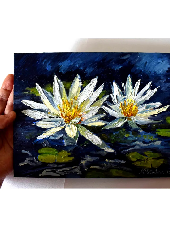 Water Lily painting Lotus Original Art Floral Artwork impasto oil painting