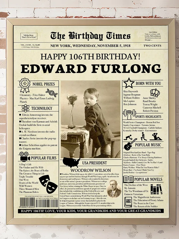 106th birthday, woman celebrates 106th birthday, 1918 birthday gift, 106 birthday newspaper, happy 106th birthday, 1918 birthday ideas