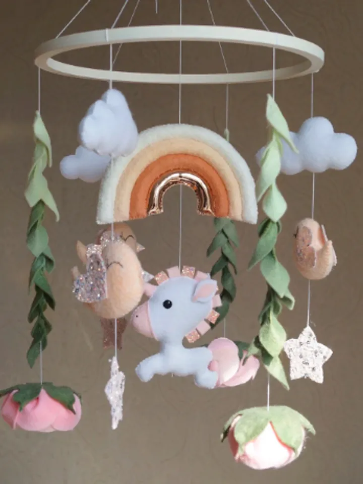 Rainbow unicorn mobile for flower nursery, felt flowers and birds for girl's crib decor