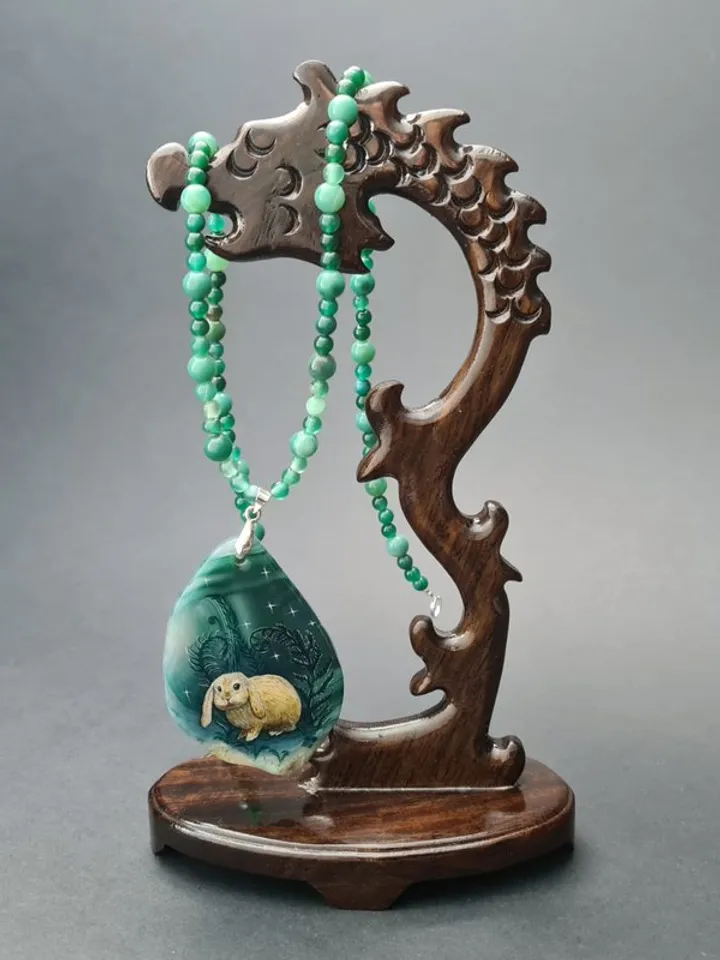 Necklace with rabbit or hare in ferns Oil painting on Agate stone