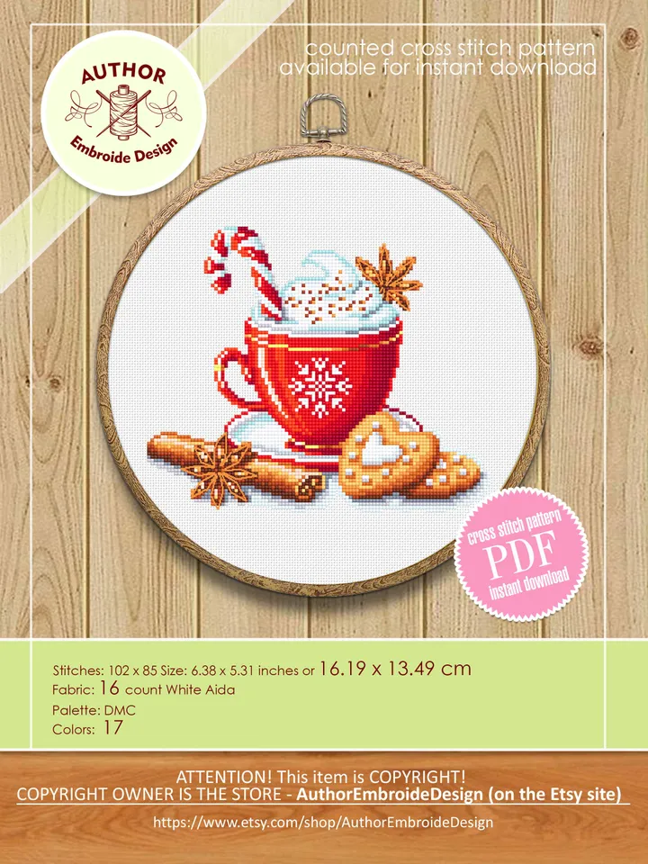 Christmas coffee cross stitch pattern download PDF, Christmas cross stitch chart, Winter holiday hand embroidery PDF, Coffee cup stitch #N58