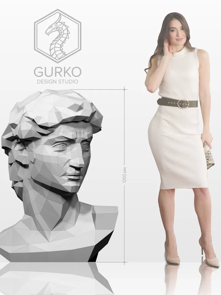 Bust of David (1200 mm) Papercraft, Digital Template, PDF Download, Gurko, 3D Low Poly, Pepakura, DIY Origami Sculpture, Paper Decor, Gift