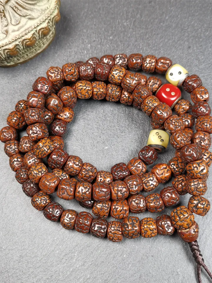 Gandhanra 108 Tibetan Rudraksha Beads Mala,Prayer Beads Necklace,Rosary Beads for Meditation,Diameter 0.35", Circumference 35"