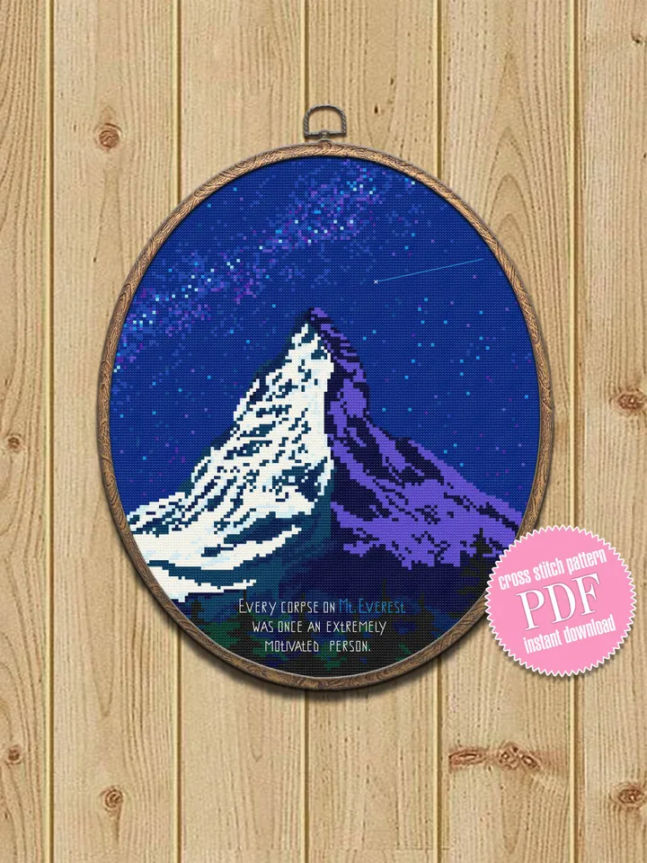 Modern cross stitch pattern download PDF Mountain landscape cross stitch Mount Everest beginner stitch Starry night sky Nature xstitch #L31