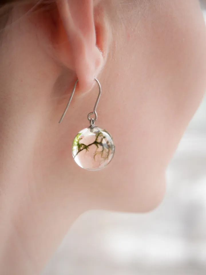 Moss sphere earrings. Dangle resin earrings