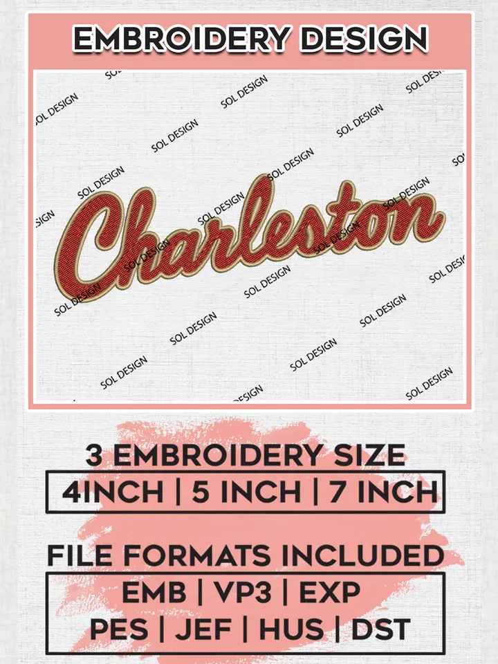 NCAA Charleston Football Team Word Logo Embroidery Design Files, NCAA Charleston Cougars Machine Embroidery, NCAA Teams, Game Day, 3 sizes, NCAA Machine embroidery designs, Digital Download