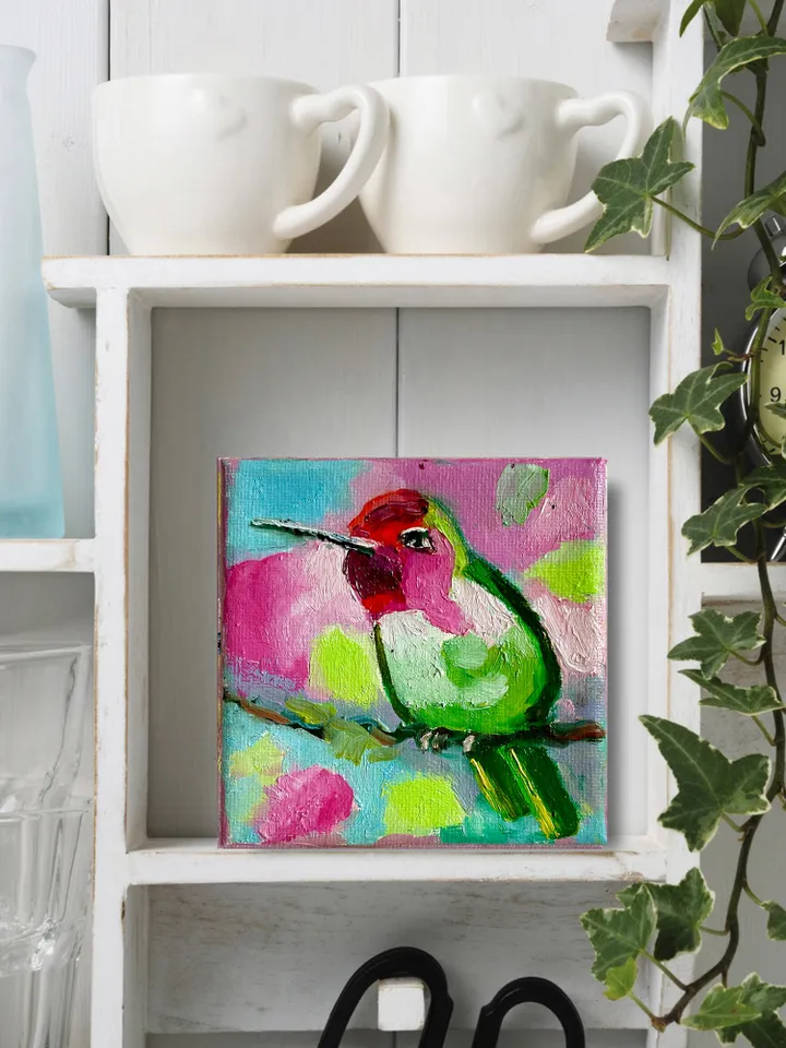 Hummingbird Painting, Bird Original oil Painting on Canvas, Wildlife Art, Miniature Artwork 4"x 4"