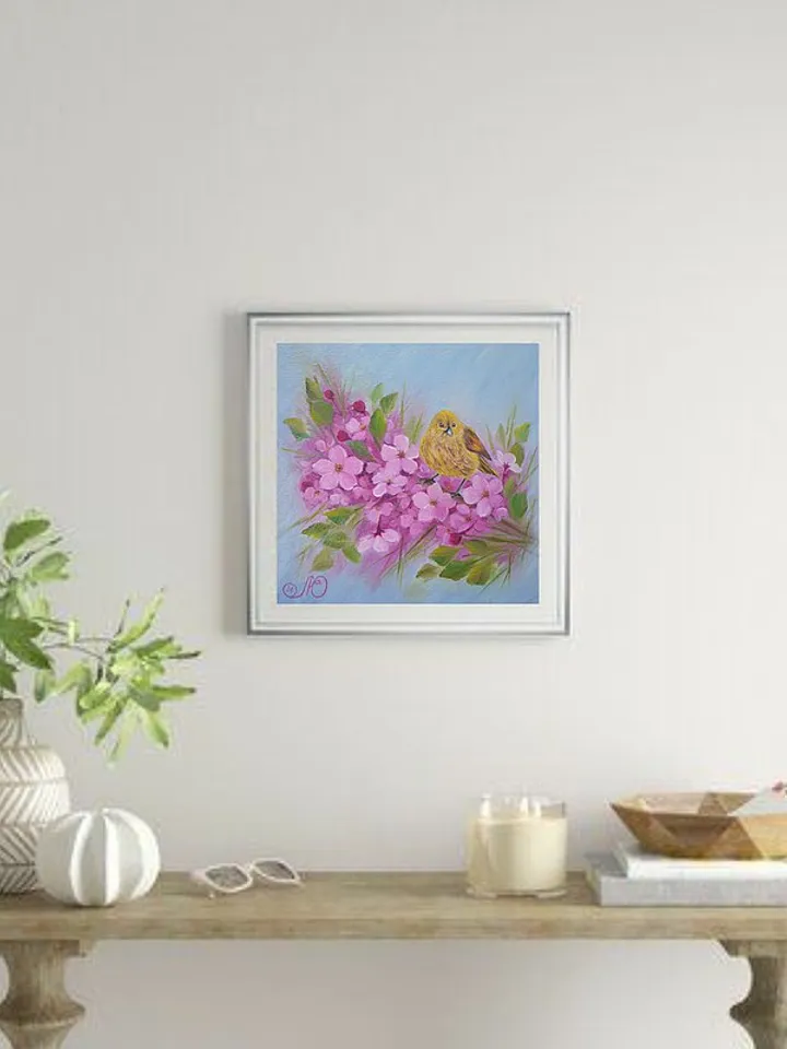 Bird Painting Cherry Blossom Original Art Animal Wall Art Spring Oil Painting