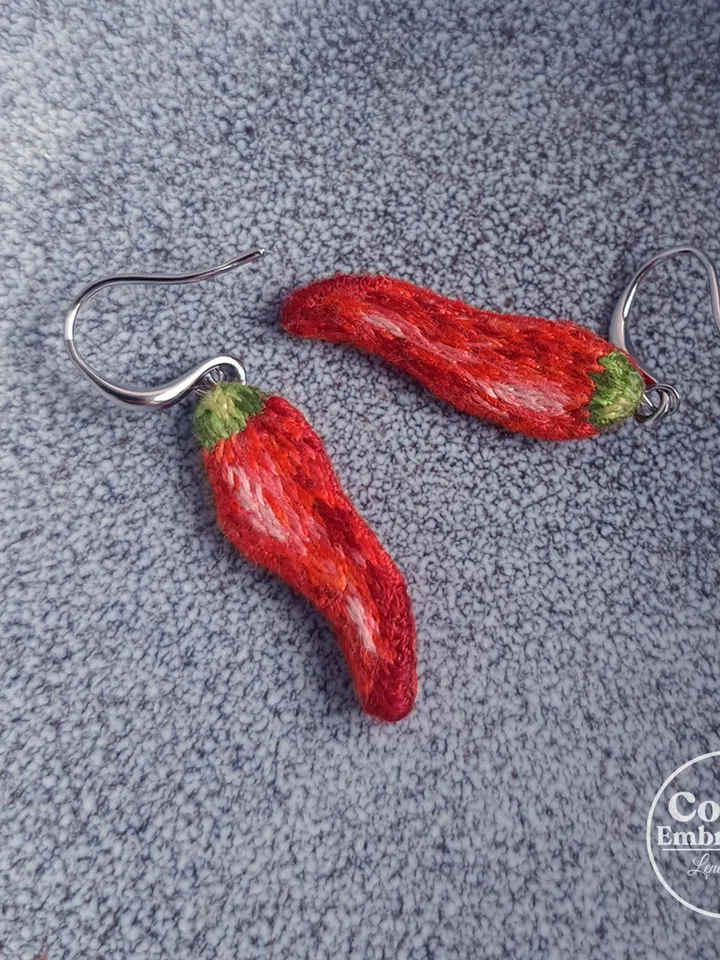 Embroidered Chili Pepper Earrings, Unique Handmade Chili Jewelry, Statement Earrings, Quirky Jewelry Accessory, Original Gift for Her