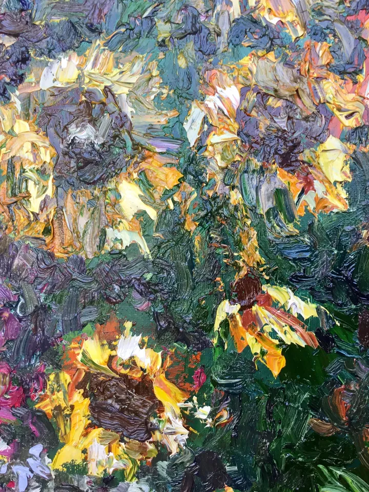 Colourful Sunflowers garden,original impasto oil painting on stretched canvas,flowers painting,impressionistic,wall hanging,one of a kind.