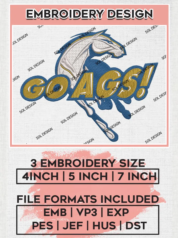Go Ags Football Team Logo Embroidery Design Files, NCAA UC Davis Aggies Machine Embroidery, NCAA Teams, Game Day, 3 sizes, NCAA Machine embroidery designs, Digital Download