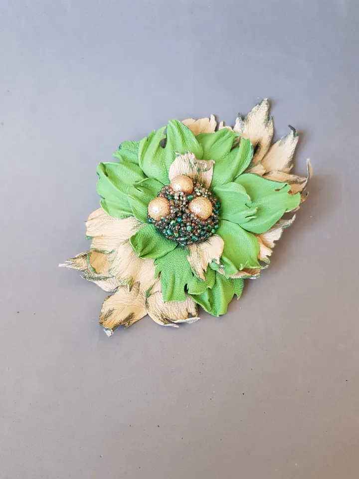 Green leather brooch for her , 3rd anniversary gift for wife, Leather women's jewelry