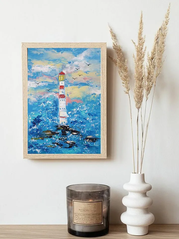 Lighthouse Painting Seascape Original Art Beach Wall Art Small Oil Painting