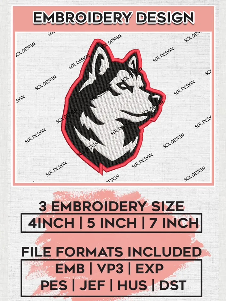 Northeastern Huskies Logo Machine Embroidery Design, NCAA Northeastern Huskies Embroidery Design Design files, NCAA Embroidery Designs, NCAA Machine Embroidery Designs, Digital Download