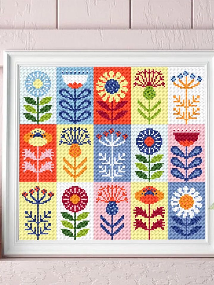 Folk flowers cross stitch pattern PDF download Scandinavian flower sampler, Patchwork cross stitch chart, Floral pattern digital PDF #P44