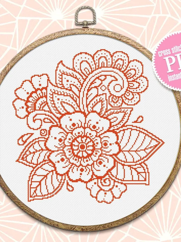 Flower mandala cross stitch pattern download PDf, Monochrome floral ornament cross stitch chart, Flowers embroidery PDF, DIY Home decor #M57