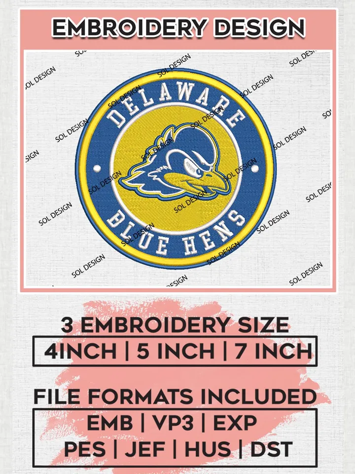 NCAA Delaware Blue Hens Round Logo Embroidery, NCAA Delaware Blue Hens Logo Embroidery files, NCAA Teams, Machine embroidery designs, Digital Download