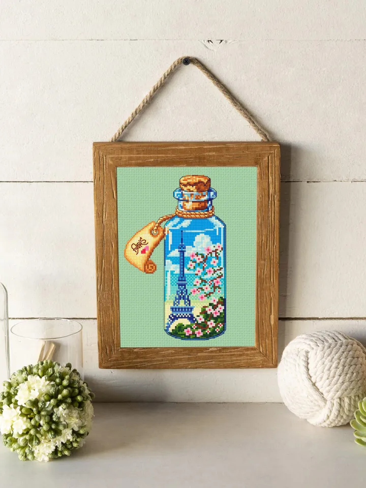 Bottle cross stitch pattern PDF download Eiffel Tower beginner stitch Sakura flowers cross stitch Spring France embroidery Paris decor #E10