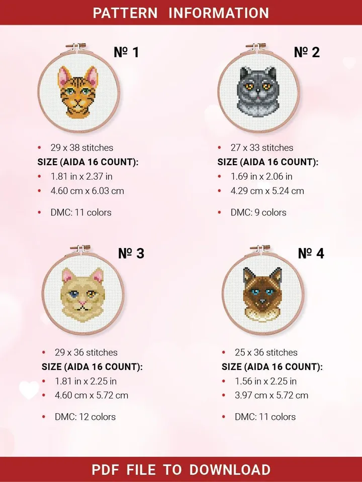 Bundle of 4 mini breed cat Cross stitch pattern, kitten, animals, beginner counted, modern chart, gift DIY, embroidery, instant PDF