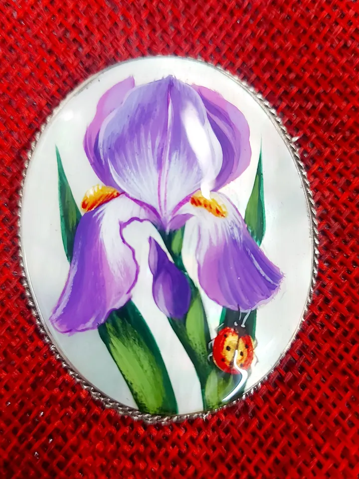 Nice "Iris" Hand Painted Russian Fedoskino Mother-Of-Pearl Brooch/Pin/Miniature hand-painted/Russian fine art jewelry/ Russia gift for woman