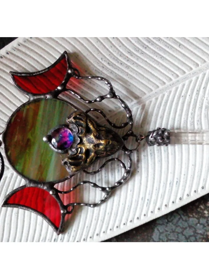 Deer antler jewelry, Deer head necklace, Triple moon, crescent deer, stag head, Stained glass, Yule jewelry, Halloween