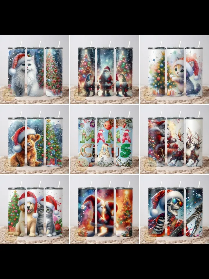 10 Christmas 20 Oz Tumbler Wrap png Bundle, Christmas Sublimation Designs for Tumblers, Santa with Sleigh, Christmas Gnomes with Santa Cat