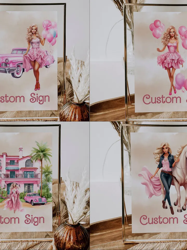 Custom sign 8x10 printable doll party birthday; hot pink doll party malibu bar12