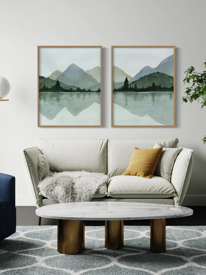 Mountain Lake Print Set Of 2, Large Lake Painting, Minimalist Wall Art, Mountain Forest Art, Living Room Decor,