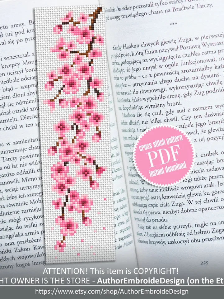 Sakura bookmark cross stitch pattern PDF download Spring cross stitch chart, Flower bookmark pattern digital PDF, Сherry blossom #B261