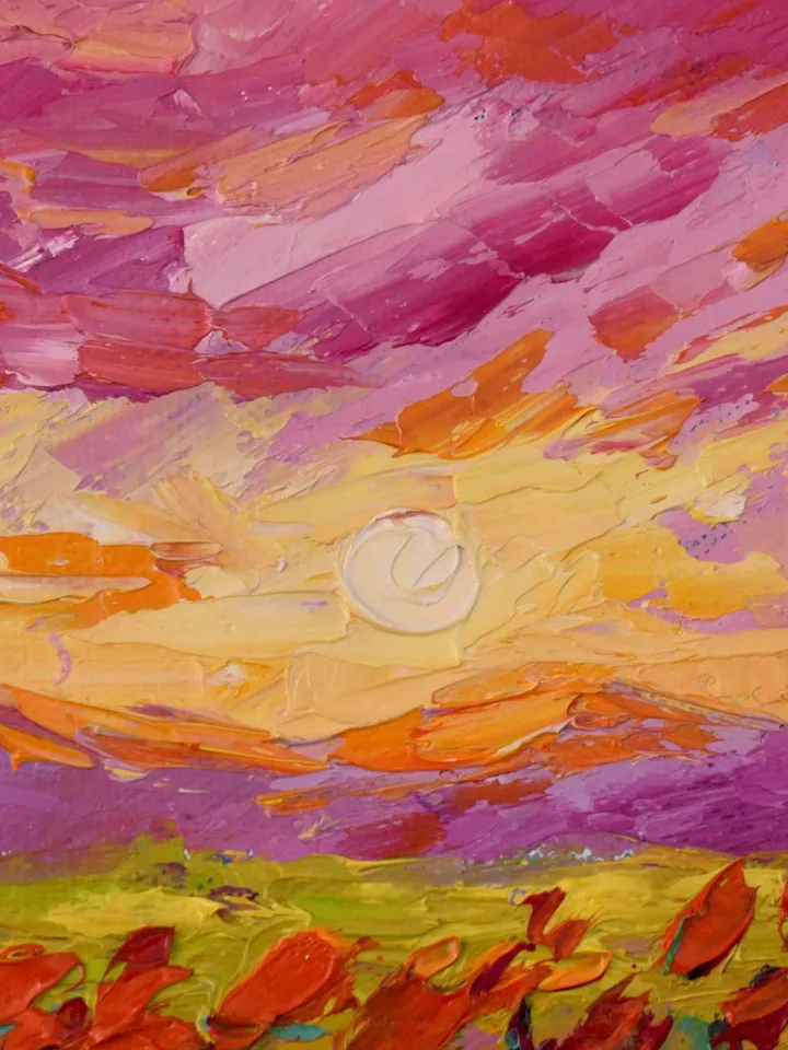 Tuscany art Sunset painting Poppy original art landscape artwork 6 by 6 in Mountain small art by Juliya JC