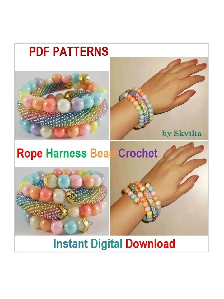 Tutorial wire wrapped bracelet, pattern of a "Victory" bracelet with memory wire, Beaded rope, Double bead crochet, PDF