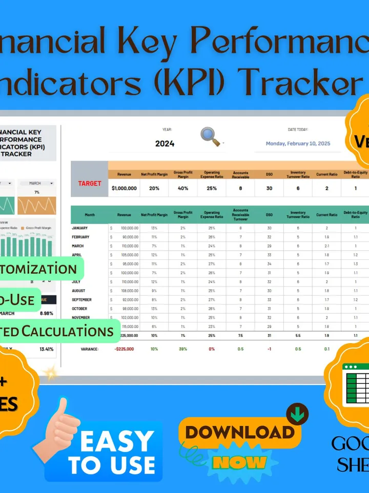 Financial KPI Tracker Template - Business Performance Dashboard & Key Metrics Spreadsheet for Google Sheets