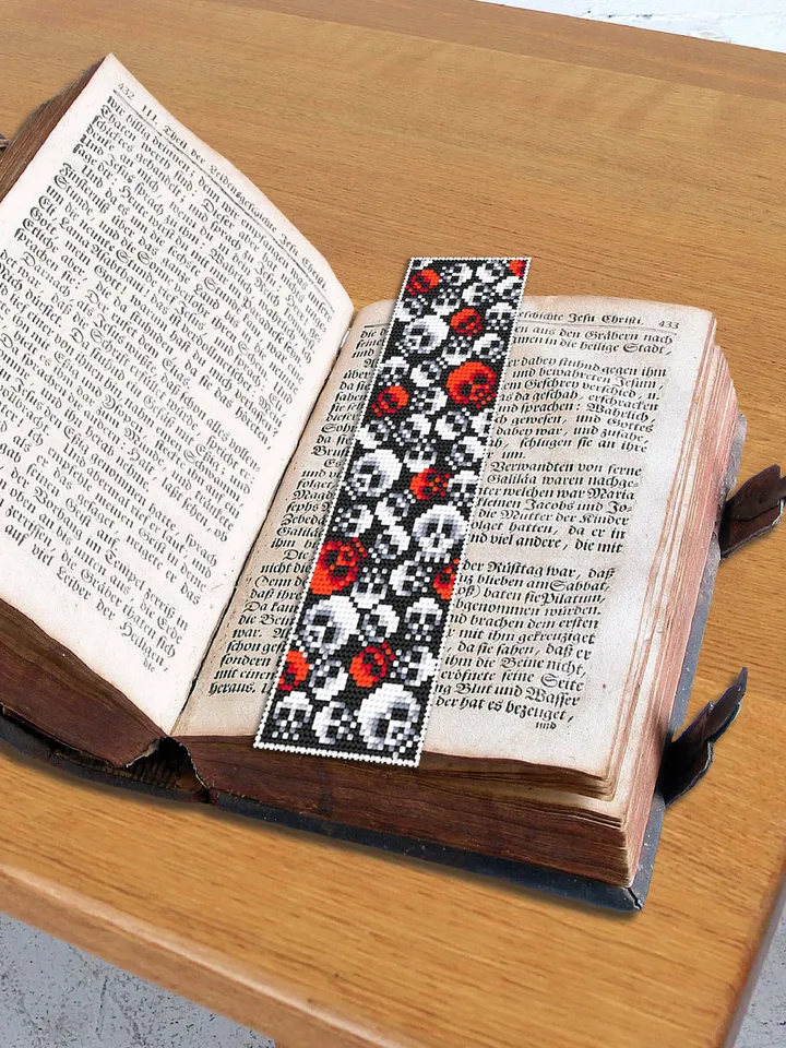 Gothic bookmark cross stitch pattern download PDF Spooky handmade bookmark pattern Halloween skulls cross stitch chart Gothic ornament #B108
