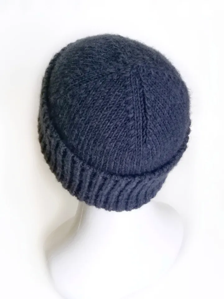Handmade Alpaca Wool Seamless Blue Men's Winter Hat Warm and Cozy Handcrafted Knitwear, Fold-Up Cuff, Hand-Knit Beanie. FREE SHIPPING!