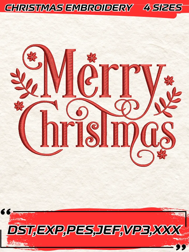 Merry Christmas Embroidery Design,Christmas Embroidery Design,4 Sizes, Digital Download