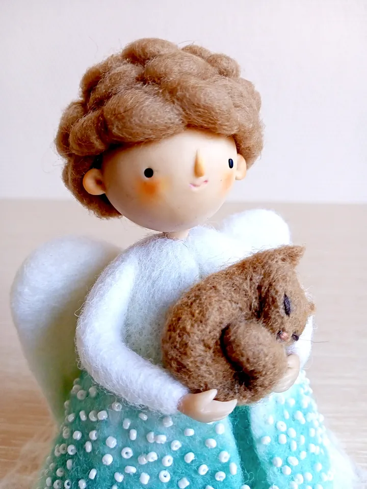 Waldorf inspired angel with cat\OOAK angel figurine\Wool needle felted magic angel art doll\Animal lovers gift\Loss pet gift\Keeper pets