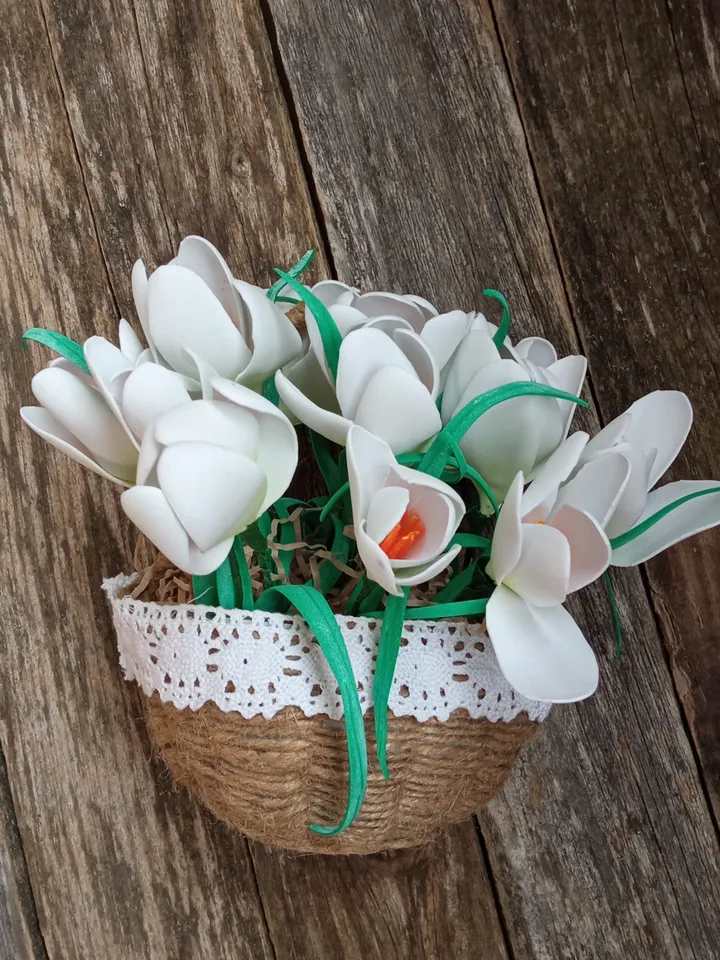 Handmade spring crocuses in linen basket/ floral arrangement/ Easter decor/ gift for her/ home decor/ mother day gifts