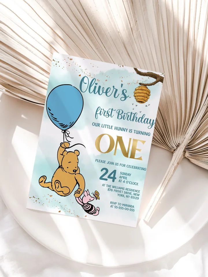 Classic Winnie Pooh Baby Birthday Invitation; Winnie Pooh Baby Birthday ; Greenery Baby Birthday; Honey Bear Birthday; Winnie Pooh wp5