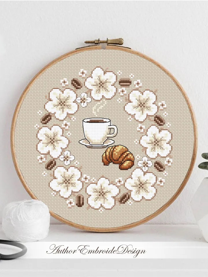 Cup of coffee cross stitch pattern PDF download Croissant cross stitch chart, Floral coffee pattern digital PDF, Flower wreath #F20
