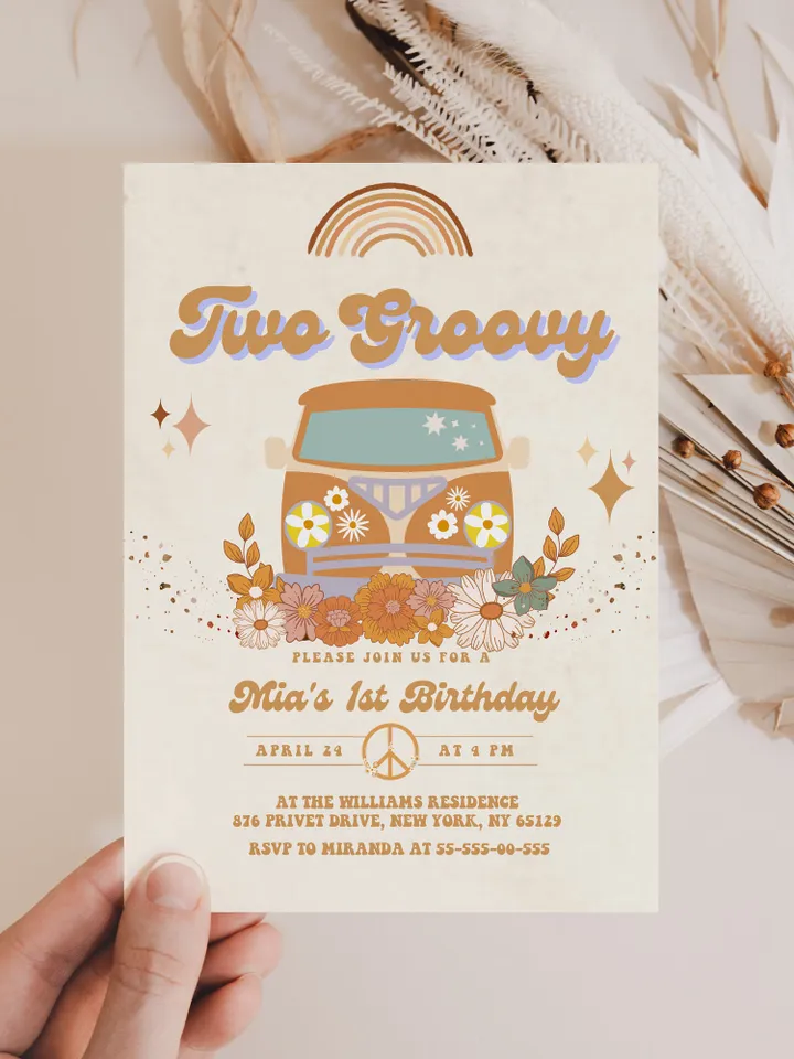 Two Groovy Editable Any Age Pink Groovy Van Daisy Rainbow Hippie Birthday Invitation Let's get Groovy 1st Birthday Invitation Template; gr1