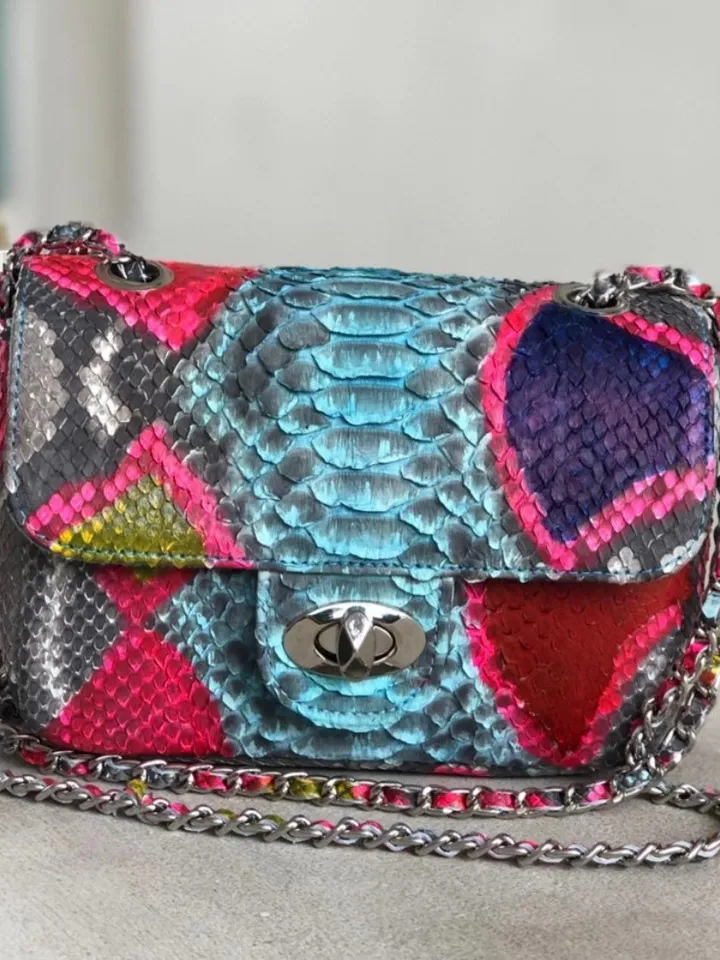 Genuine Python Skin crossbody bag blue multicolour | Adjustable Chain Classy Elegant Crossbody Small Lady Summer Bag | Python Purse